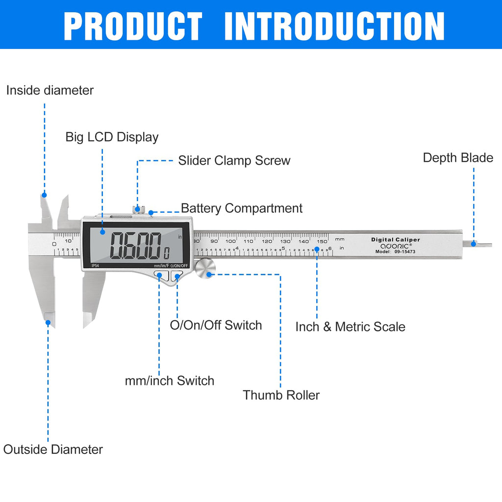 Digital Caliper, Adoric Calipers 0-6 Inch, Inch/mm Conversion, Large LCD