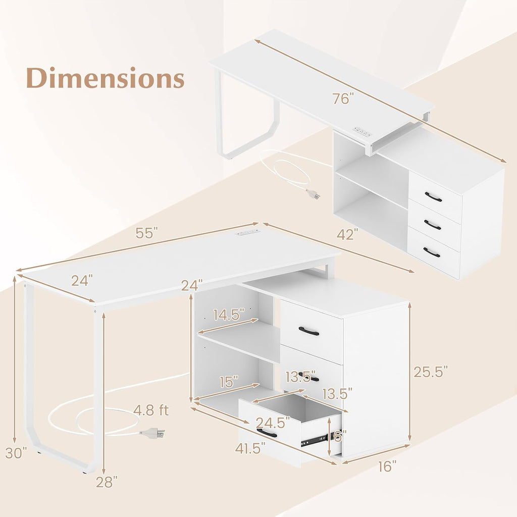 Tangkula 55" Reversible L Shaped Desk with 3 Drawers, Home Office Desk with Adjustable Shelf & Power Outlet, Study Writing Table, Computer Workstation for Small Space, Corner Desk (White)