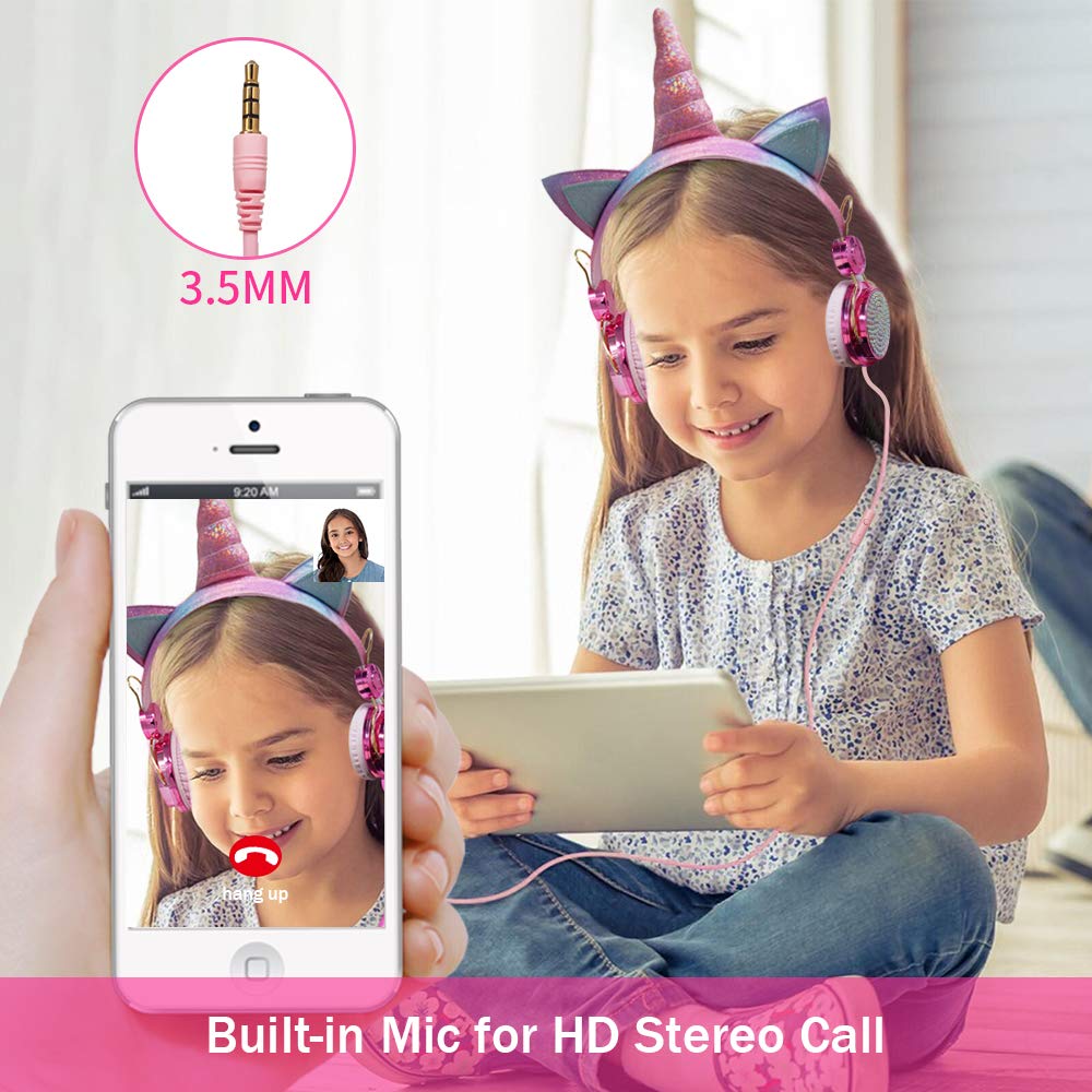 TCJJ Unicorn Kids Wired Headphones with Mic, 3.5mm Jack, On Ear