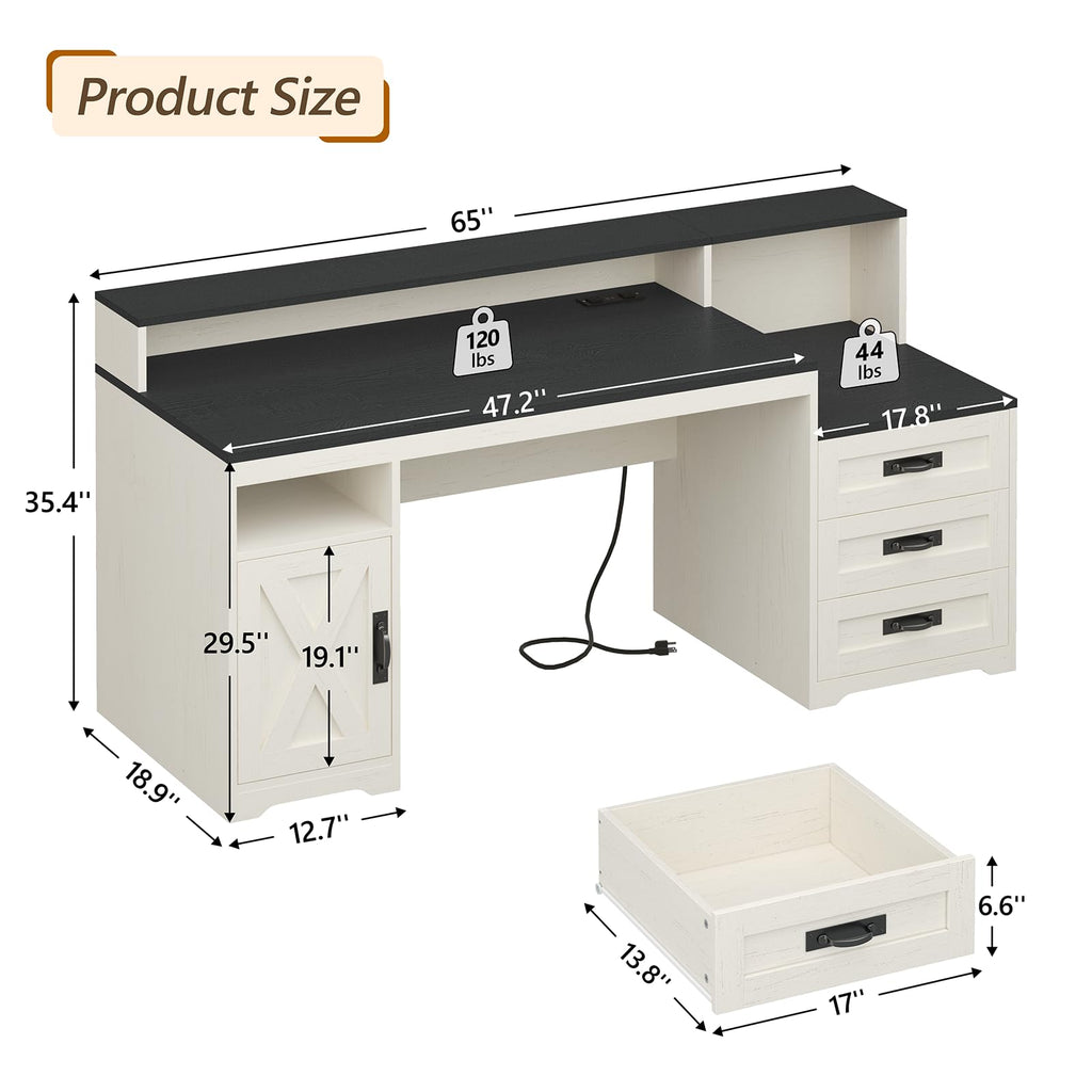 65" Farmhouse Computer Desk with Drawers and Printer Stand for Home Office