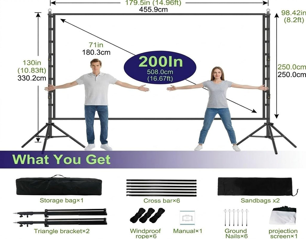 100 Inch Outdoor Projector Screen with One-Piece Telescopic Stand, Wrinkle-Resistant 4K HD Movie Screen for Backyard, Camping and Indoor Home Theater (Fits Long Throw Projectors)