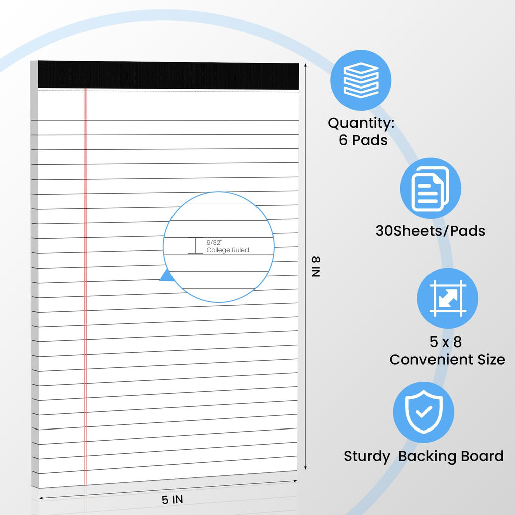 6 Pack Notepads 5x8, Color, Small Legal Pads, Perforated Notebook