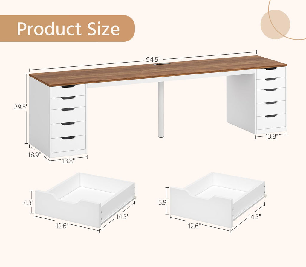 YOMILUVE 95" 2 Person Desk with 10 Drawers & Power Outlets for Home Office