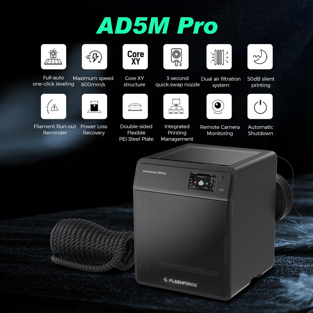 FLASHFORGE Adventurer 5M 3D Printer, 600mm/s High-Speed, 1 Click Fully Auto Leveling, Upgraded Direct extruder Quick Detachable 280°C Nozzle, Dual-Sided PEI Coating Plate, Print Size 220x220x220mm