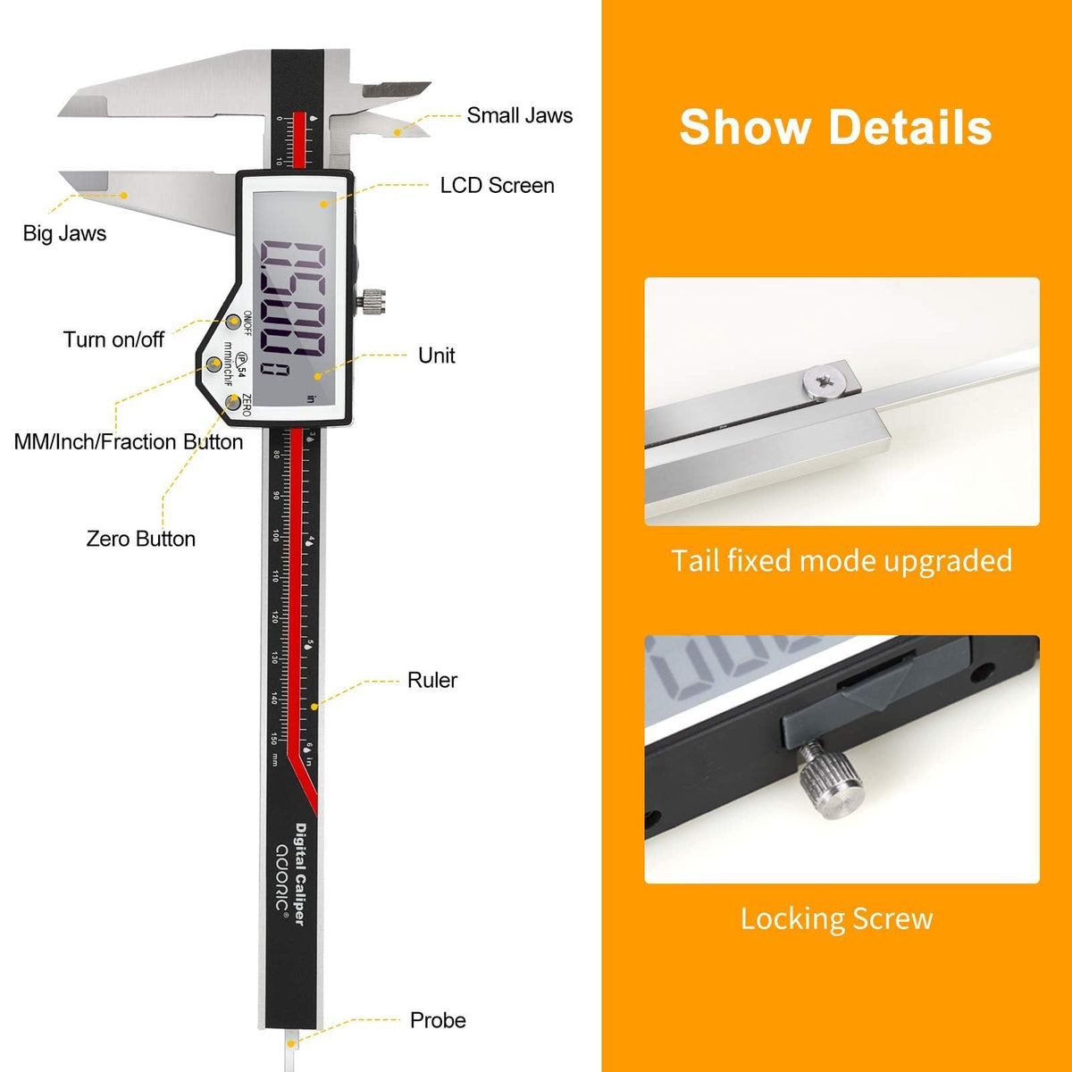 Digital Caliper, Adoric Calipers 0-6 Inch, Inch/mm Conversion, Large LCD