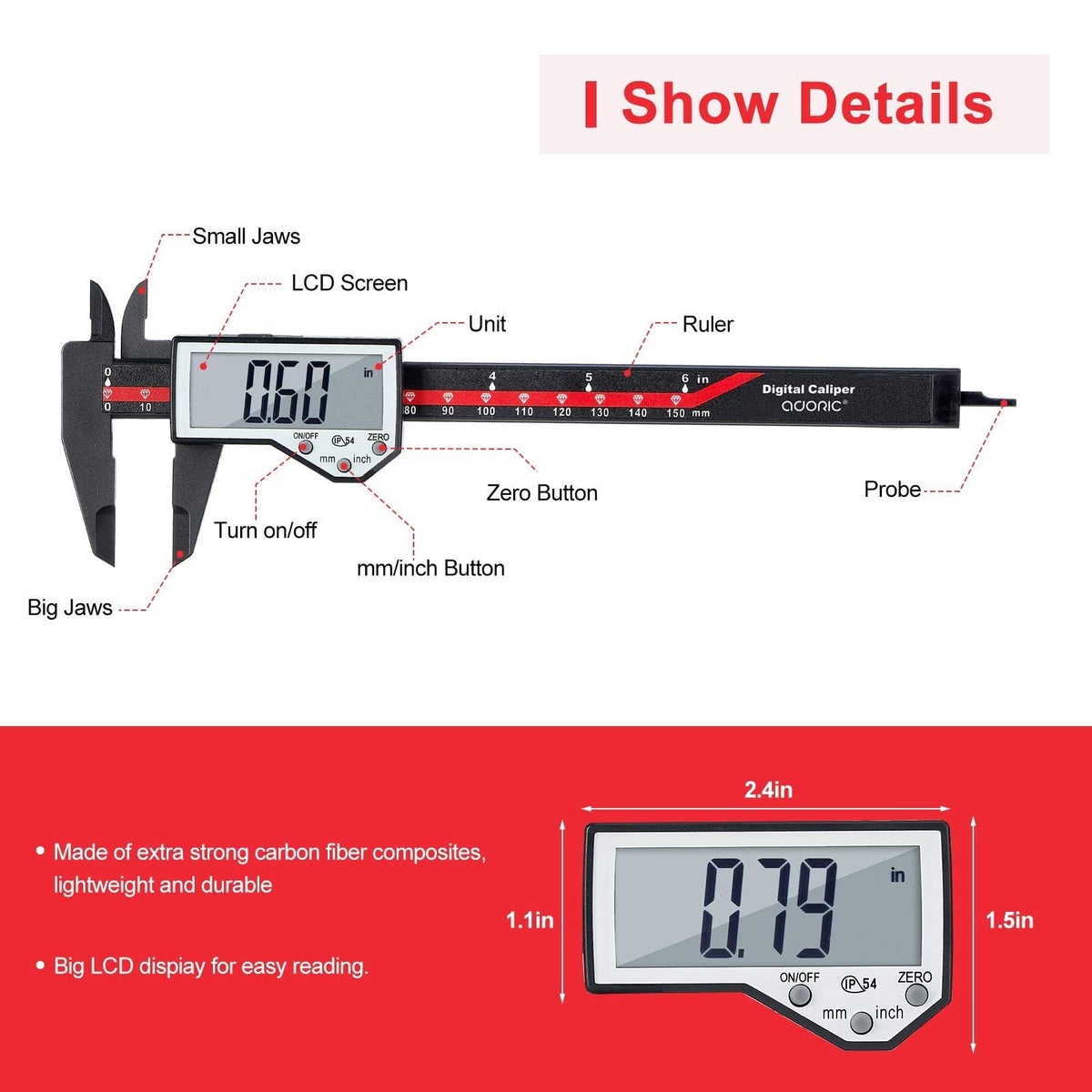 Digital Caliper, Adoric Calipers 0-6 Inch, Inch/mm Conversion, Large LCD