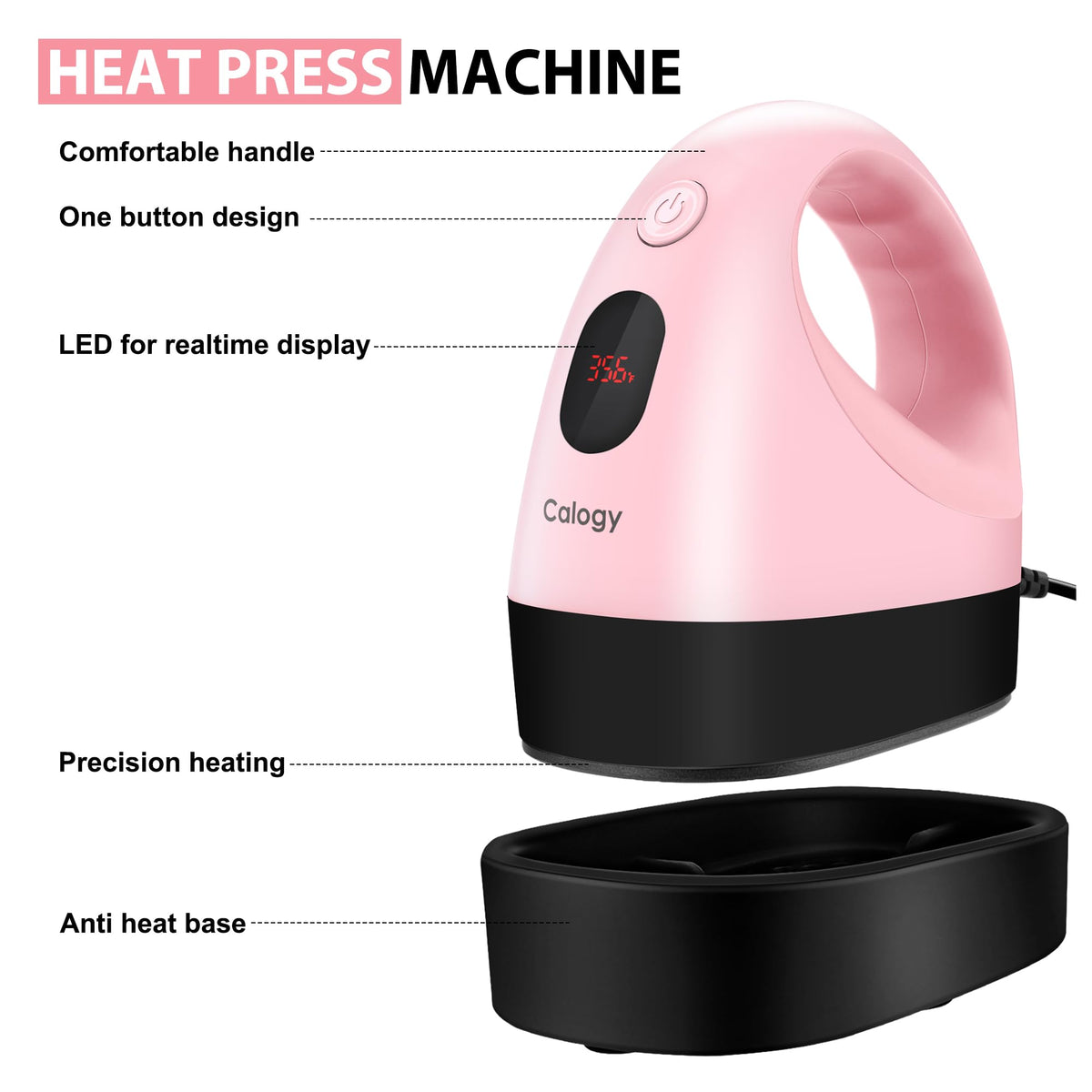 Calogy Mini Heat Press, Heat Transfer Machine, Constant Temp Control, Insulated Safety Base, Fits for Crafts, T-Shirt, Hat, Cap, Pillows(White Pink)