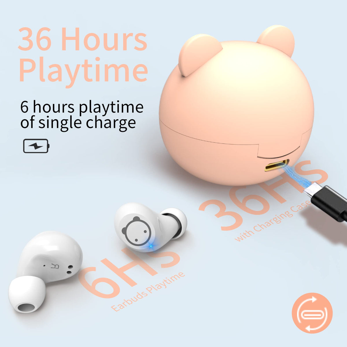 Wireless Earbuds for Kids, Headphones with Cute Panda Charging Case with Mic, Noise Cancelling,Typ-C, 3D Stereo Waterproof Bluetooth Buds for Sport & Outwork,3 x Ear caps(S,M,L)