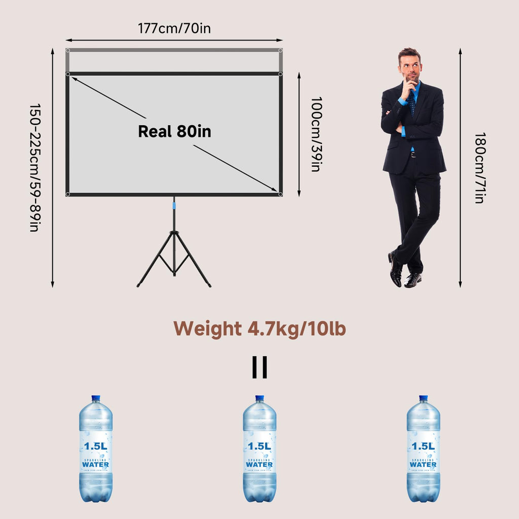 Projector Screen with Stand, 80 Inch Portable Projector Screen Outdoor Indoor, 1.2 Gain Fiberglass Projection Screen, 16:9 Outdoor Movie PVC Screen with Carrying Bag for Movie Night(White Screen)
