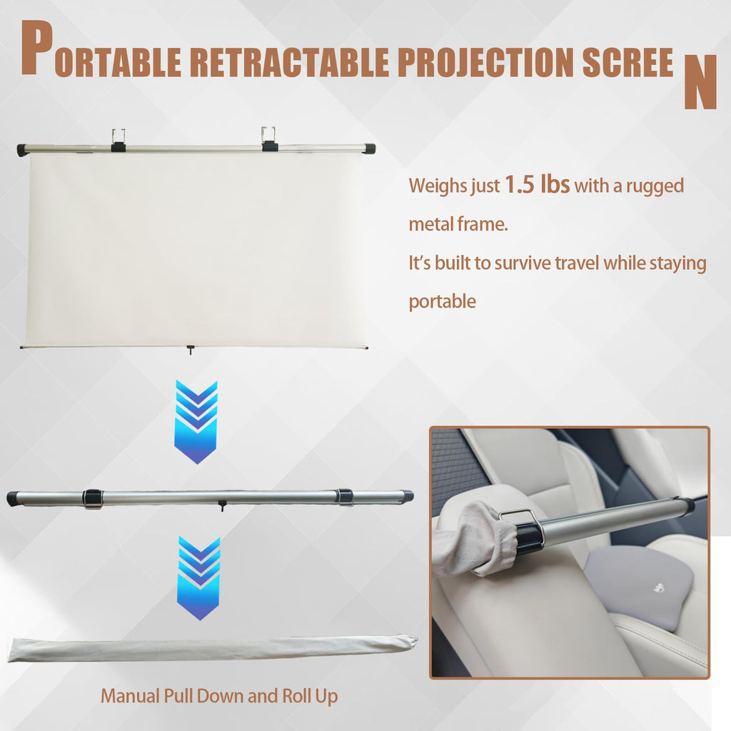 Projector Screen Small for Car, 40 inch 16:9, 4K HD, Portable Projection Screen Retractable, Manual Pull Down and Roll Up Mini Screen, Fitting Car, SUV, RV and More (Manual Rolling)