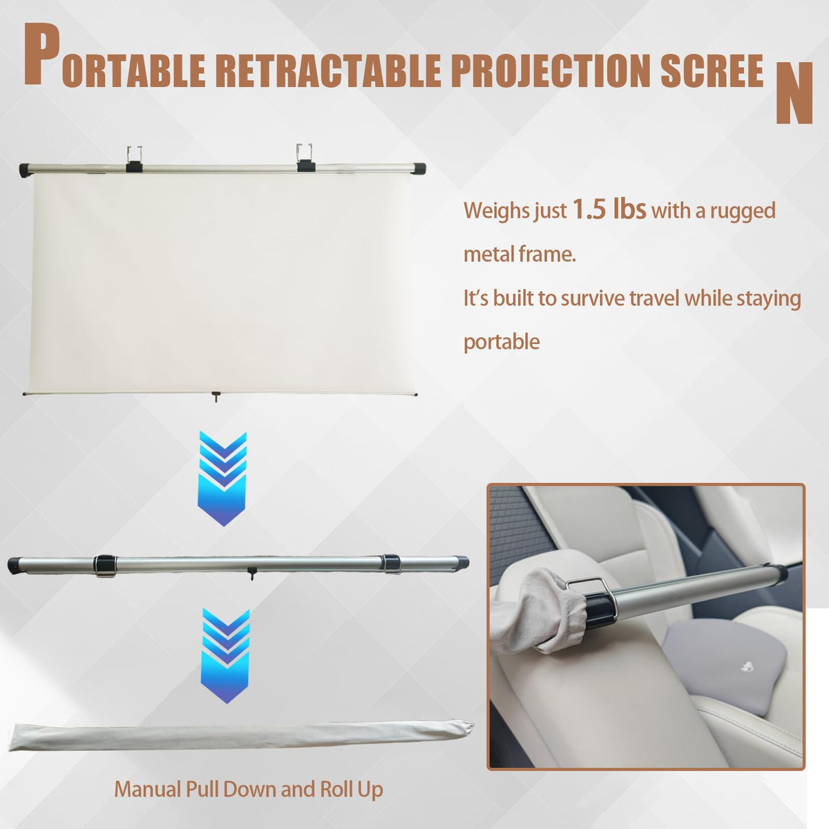 Projector Screen Small for Car, 40 inch 16:9, 4K HD, Portable Projection Screen Retractable, Manual Pull Down and Roll Up Mini Screen, Fitting Car, SUV, RV and More (Manual Rolling)
