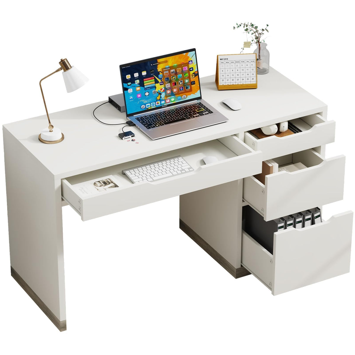 MaverickFurni White Desk with Drawers, 48 Inch Small Computer Desk