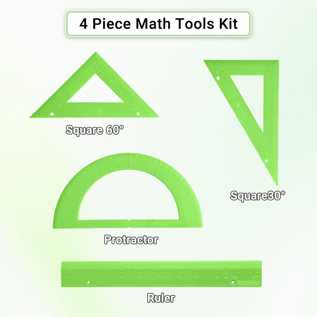 Tactile Braille Geometry Set for Blind & Visually Impaired Students, 6-Piece Math Tools Kit with Ruler, Protractor, 30°/60° Triangles for Special Education