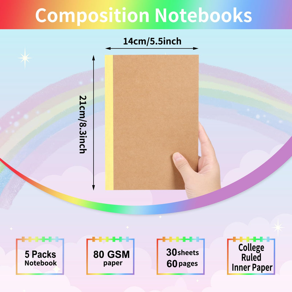 EOOUT 5 Pack A5 Composition Notebook, Kraft Lined Journal Bulk with Rainbow Spine, 5 Colors, 60 Pages for Women Girls Kids, School Office Supplies