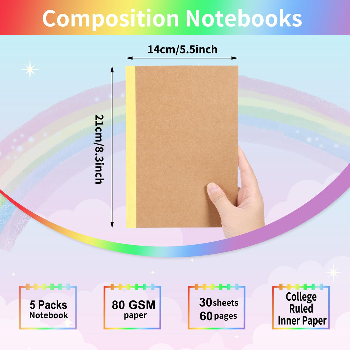 EOOUT 5 Pack A5 Composition Notebook, Kraft Lined Journal Bulk with Rainbow Spine, 5 Colors, 60 Pages for Women Girls Kids, School Office Supplies