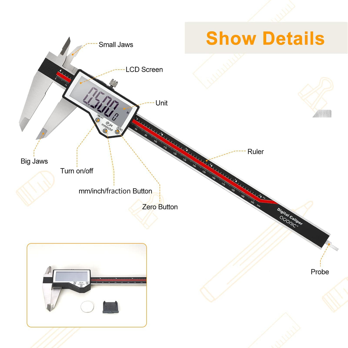 Digital Caliper, Adoric Calipers 0-6 Inch, Inch/mm Conversion, Large LCD