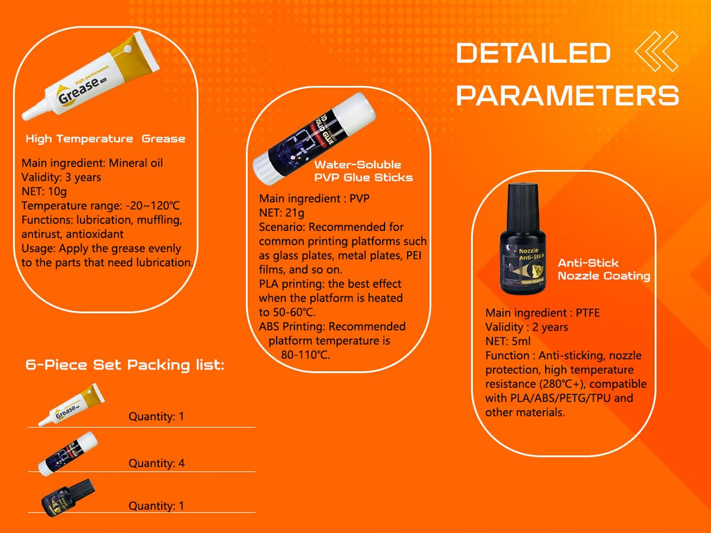 Essential 3D Printing Accessories Kit Includes 3D Printer Glue Sticks Adhesive for Hot Bed, 3D Printer Nozzle Cleaning Coating, Lubricant Grease, Suitable for All 3D Printers (6-Piece Set)