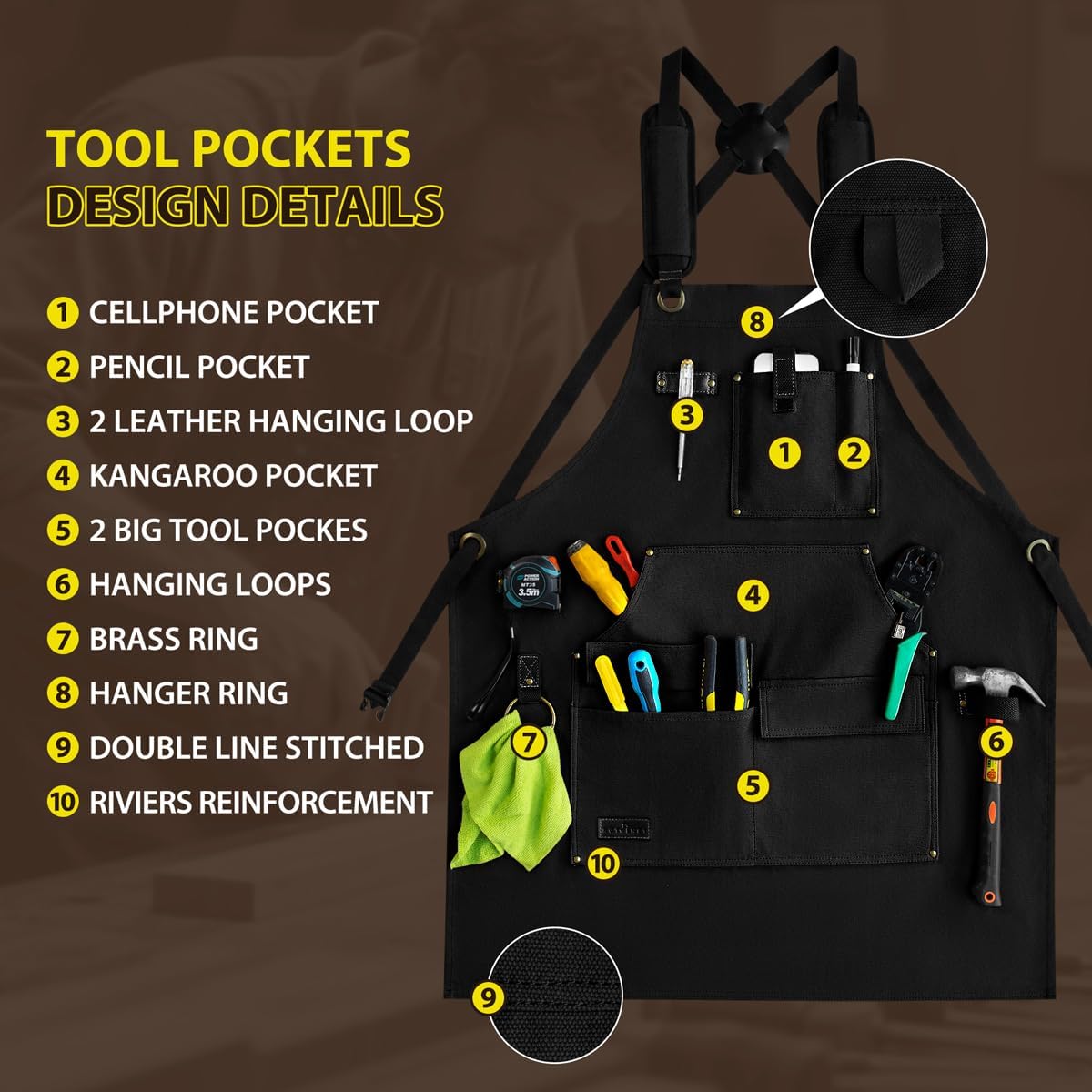 ROTANET Woodworking Apron for Men, Waterproof Canvas Work Aprons for Shop