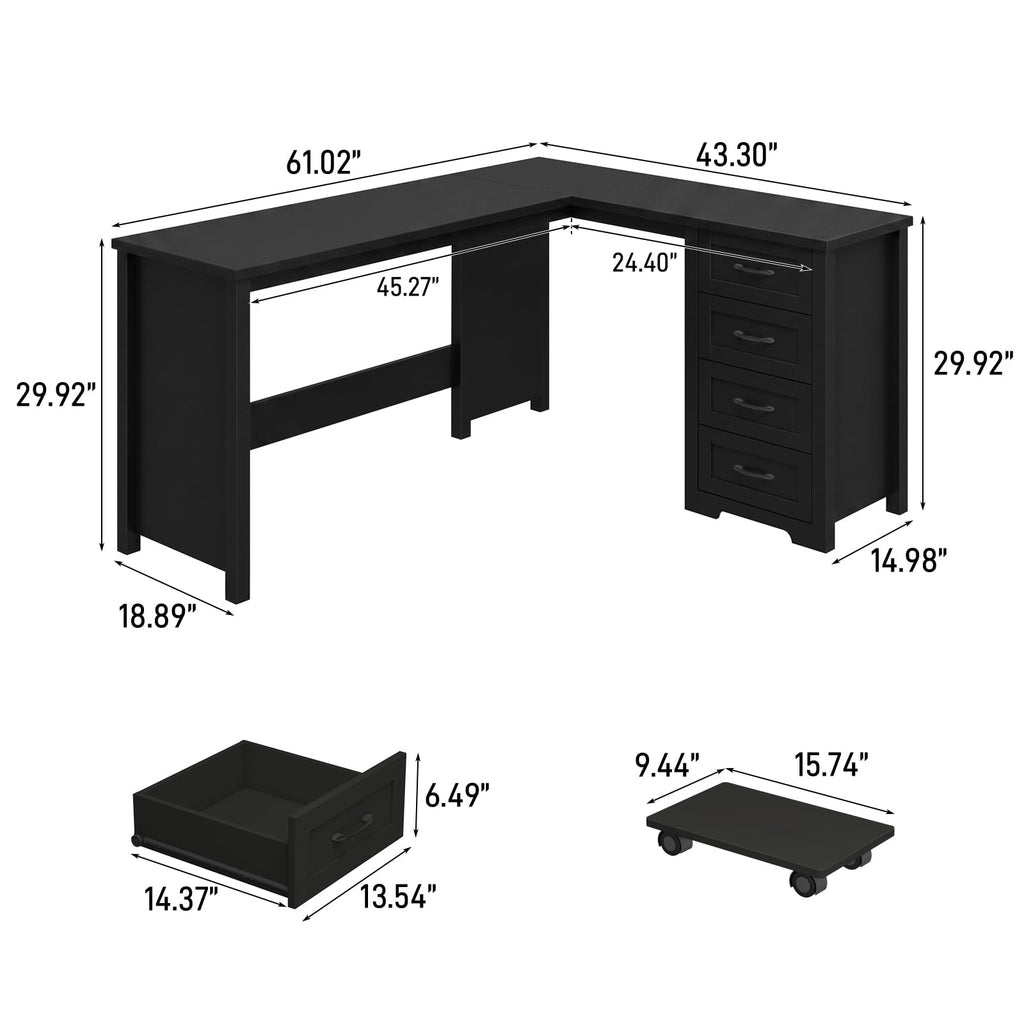 Vabches: 61" Farmhouse L-Shaped Student Study Desk with Drawers & Mobile CPU Mount