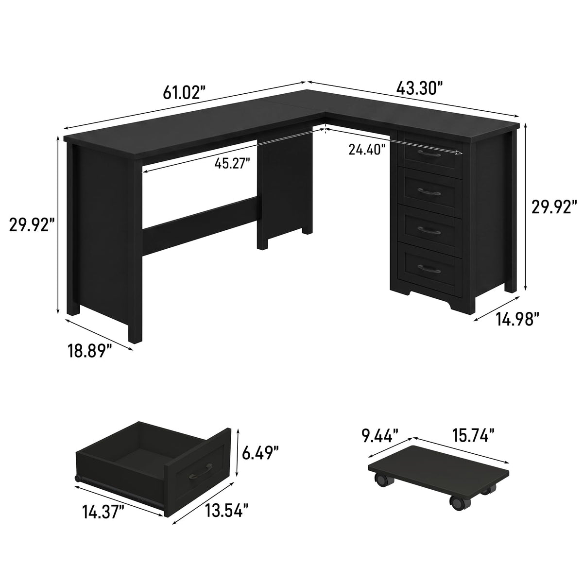 Vabches: 61" Farmhouse L-Shaped Student Study Desk with Drawers & Mobile CPU Mount