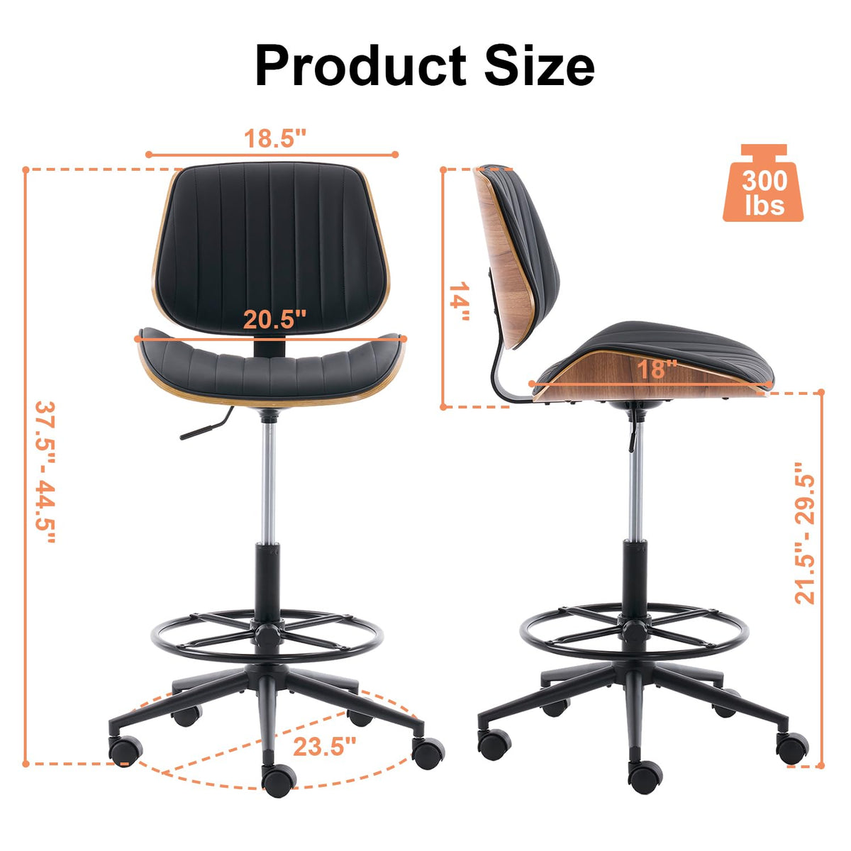 Drafting Chair, Ergonomic Office Chair with Walnut Wood Back Support, Armless PU Leather Desk Chair with Height-Adjustable, Thick Cushion for Home Office, Drafting, Art Studio (Beige)