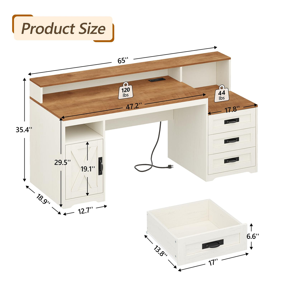 65" Farmhouse Computer Desk with Drawers and Printer Stand for Home Office