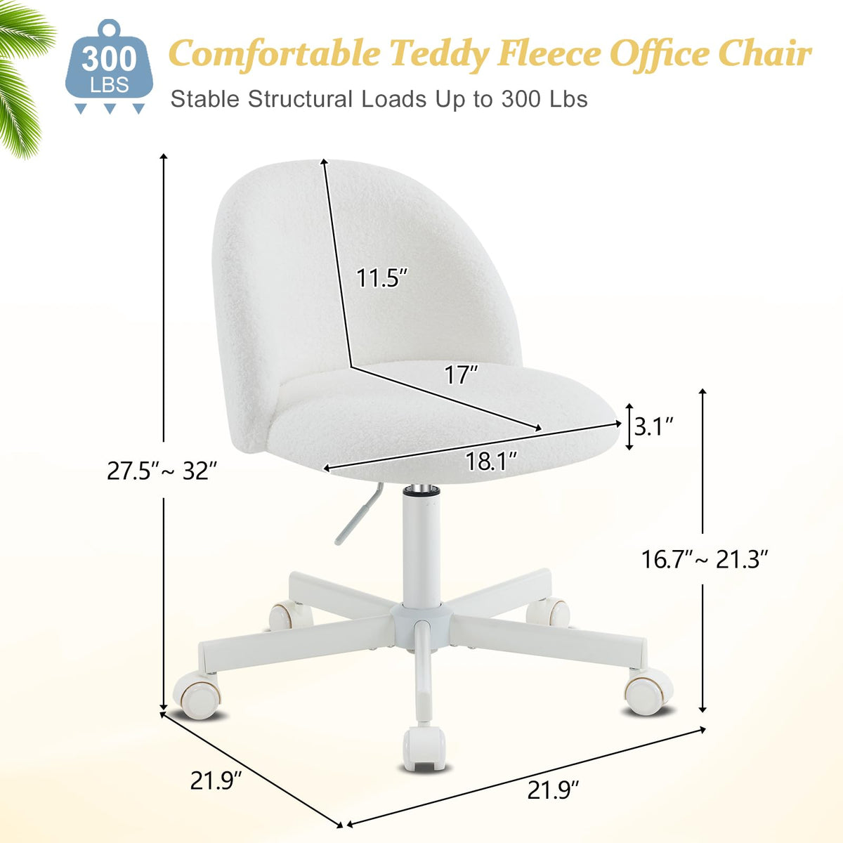 VINGLI Cute Candy Chair Armless Comfy Small Office Desk Vanity Chair with Wheels & Lumbar Support,Teddy Adjustable Rolling Swivel Computer Task Ch for Home Office,Bedroom,Gentle Pink