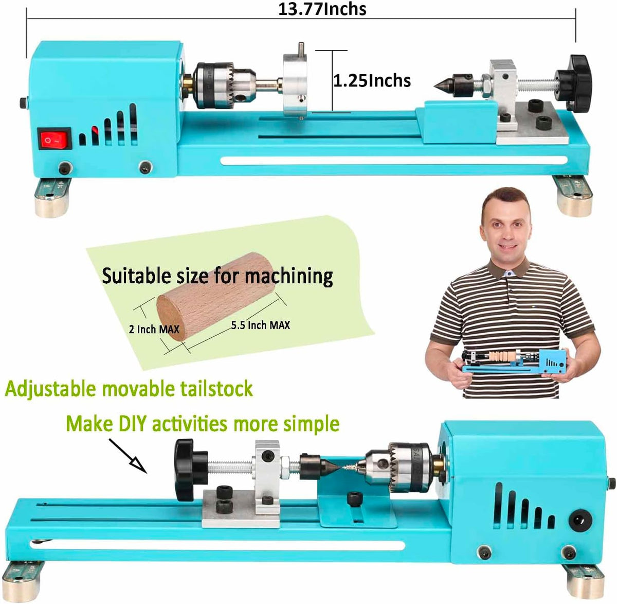 Mini Lathe Wood Lathe Machine Multi-Purpose Type Lathe Milling Cutting Grinding Polishing Professional Table Top Lathe Tool Kit