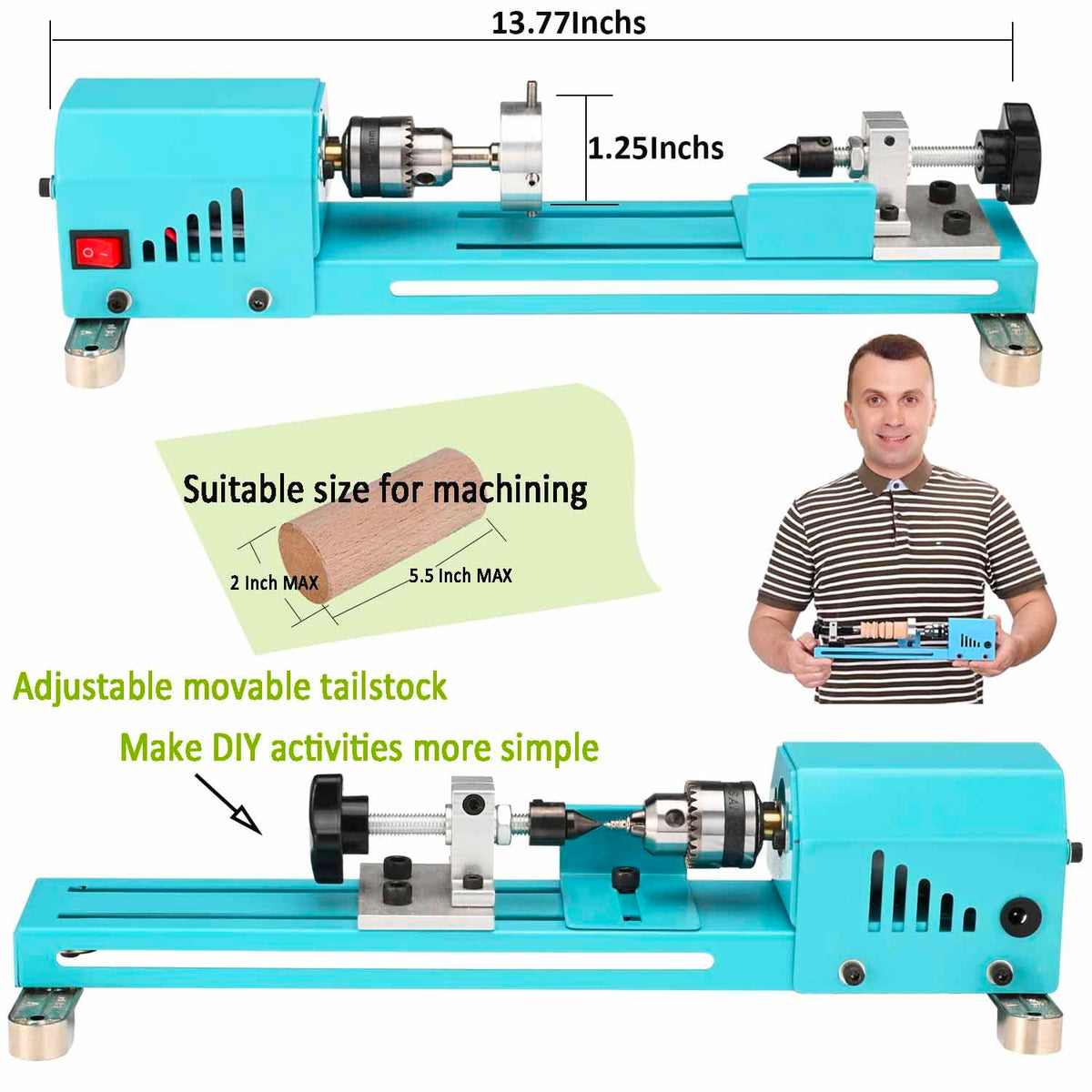 Mini Lathe Wood Lathe Machine Multi-Purpose Type Lathe Milling Cutting Grinding Polishing Professional Table Top Lathe Tool Kit