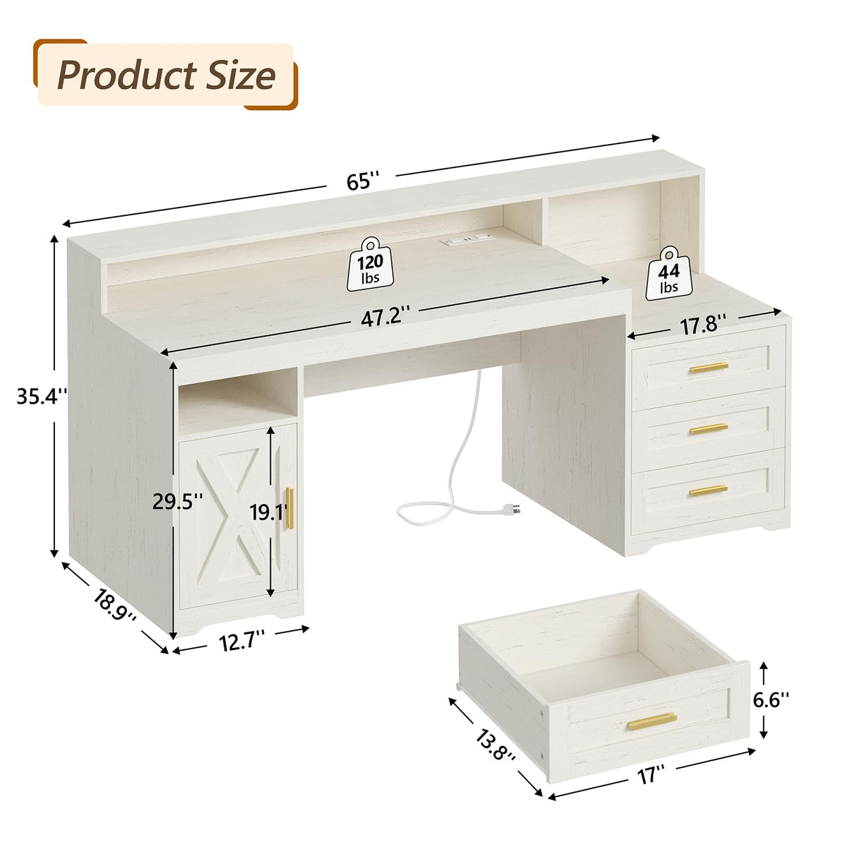 65" Farmhouse Computer Desk with Drawers and Printer Stand for Home Office