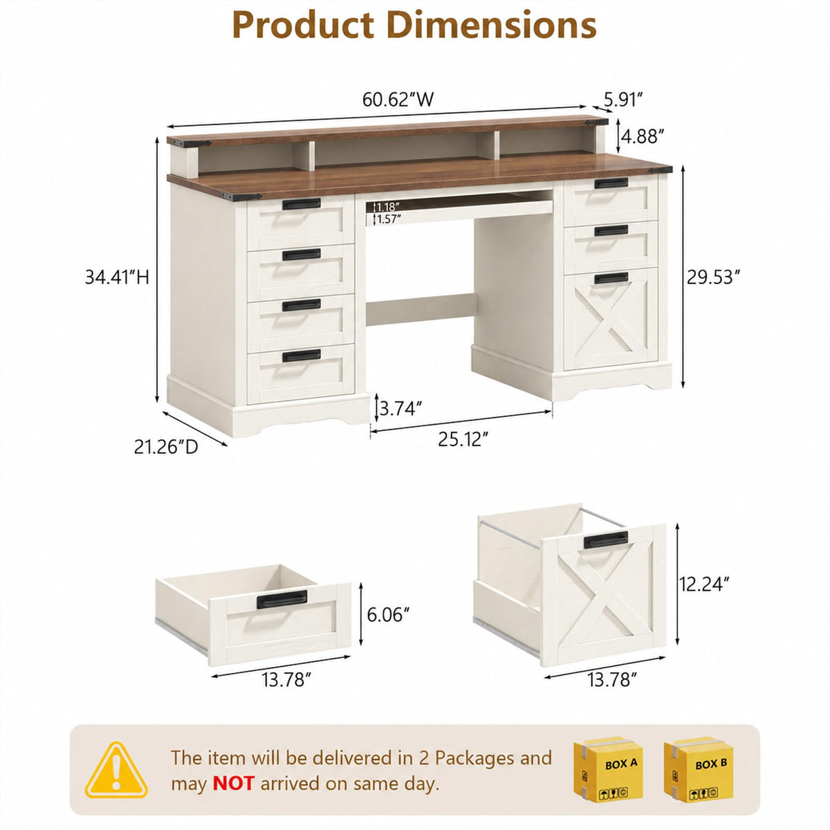 Vabches 51" Executive Desk Farmhouse Home Office Desk with Charging Station, LED Light, File Drawer, Storage Cabinet, Monitor Stand, Wood Computer Desk with Hutch for Work Study Writing (White)