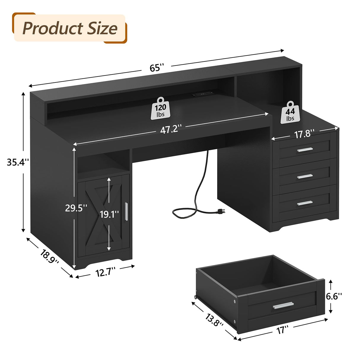 65" Farmhouse Computer Desk with Drawers and Printer Stand for Home Office