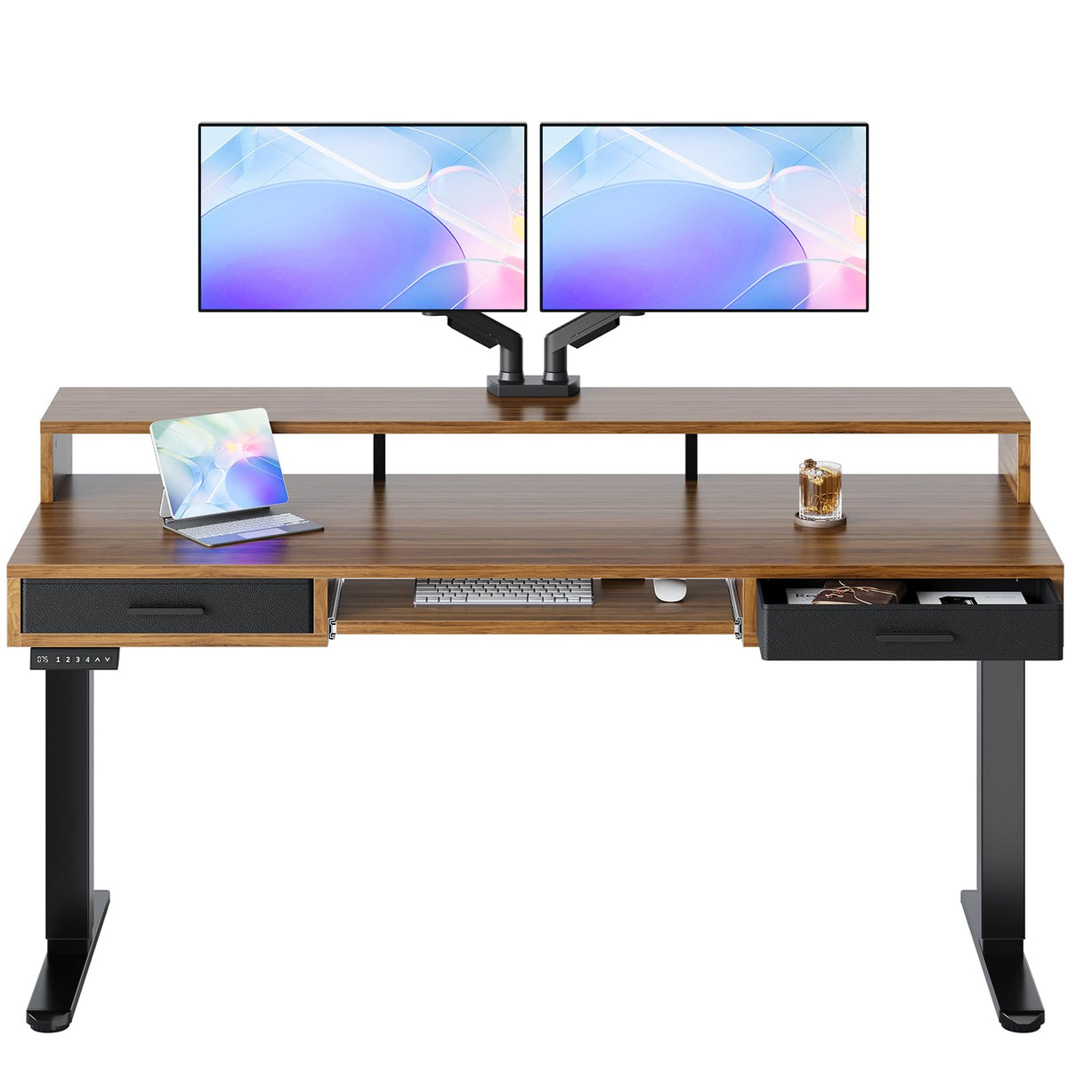 HUANUO 55″ x 26″ Electric Standing Desk with 2 Drawers &24.4″ Large Keyboard Tray, C-Clamp Mount Compatible, Adjustable Computer Desk for Office, Sit Stand Up Desk with 4 Height Presets, Light Walnut