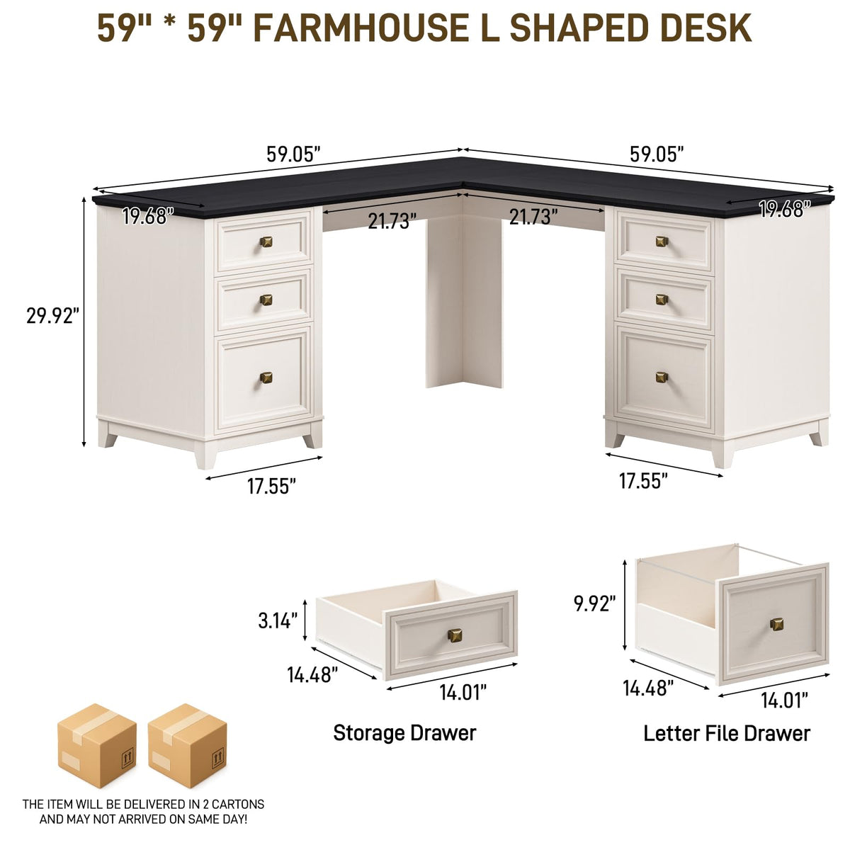 Vabches 51" Executive Desk Farmhouse Home Office Desk with Charging Station, LED Light, File Drawer, Storage Cabinet, Monitor Stand, Wood Computer Desk with Hutch for Work Study Writing (White)