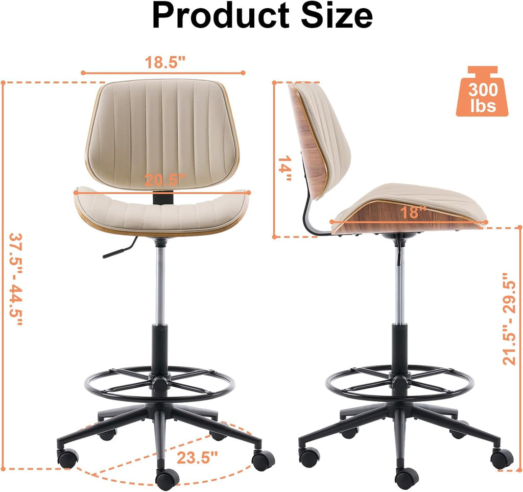 Drafting Chair, Ergonomic Office Chair with Walnut Wood Back Support, Armless PU Leather Desk Chair with Height-Adjustable, Thick Cushion for Home Office, Drafting, Art Studio (Beige)