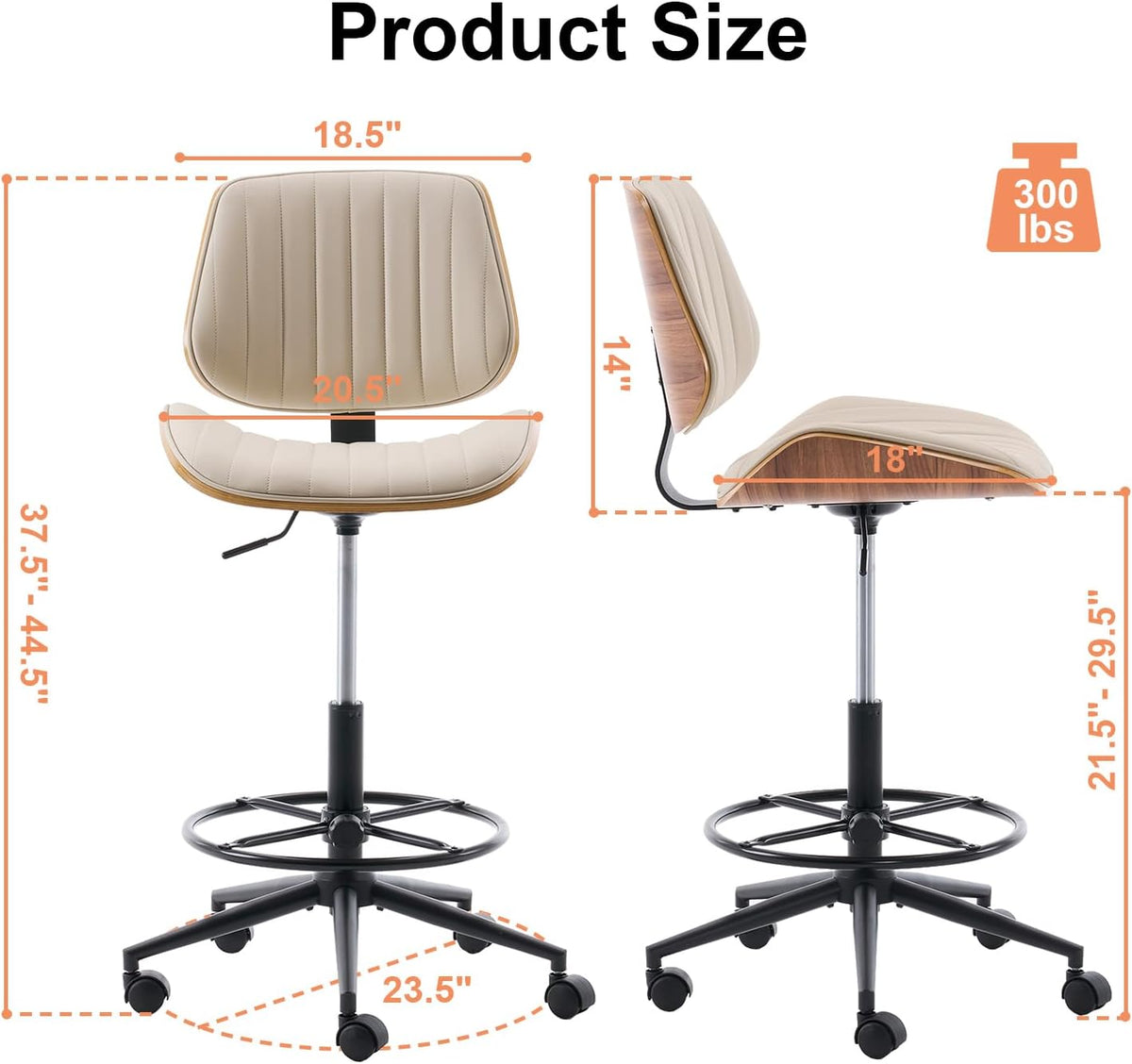 Drafting Chair, Ergonomic Office Chair with Walnut Wood Back Support, Armless PU Leather Desk Chair with Height-Adjustable, Thick Cushion for Home Office, Drafting, Art Studio (Beige)