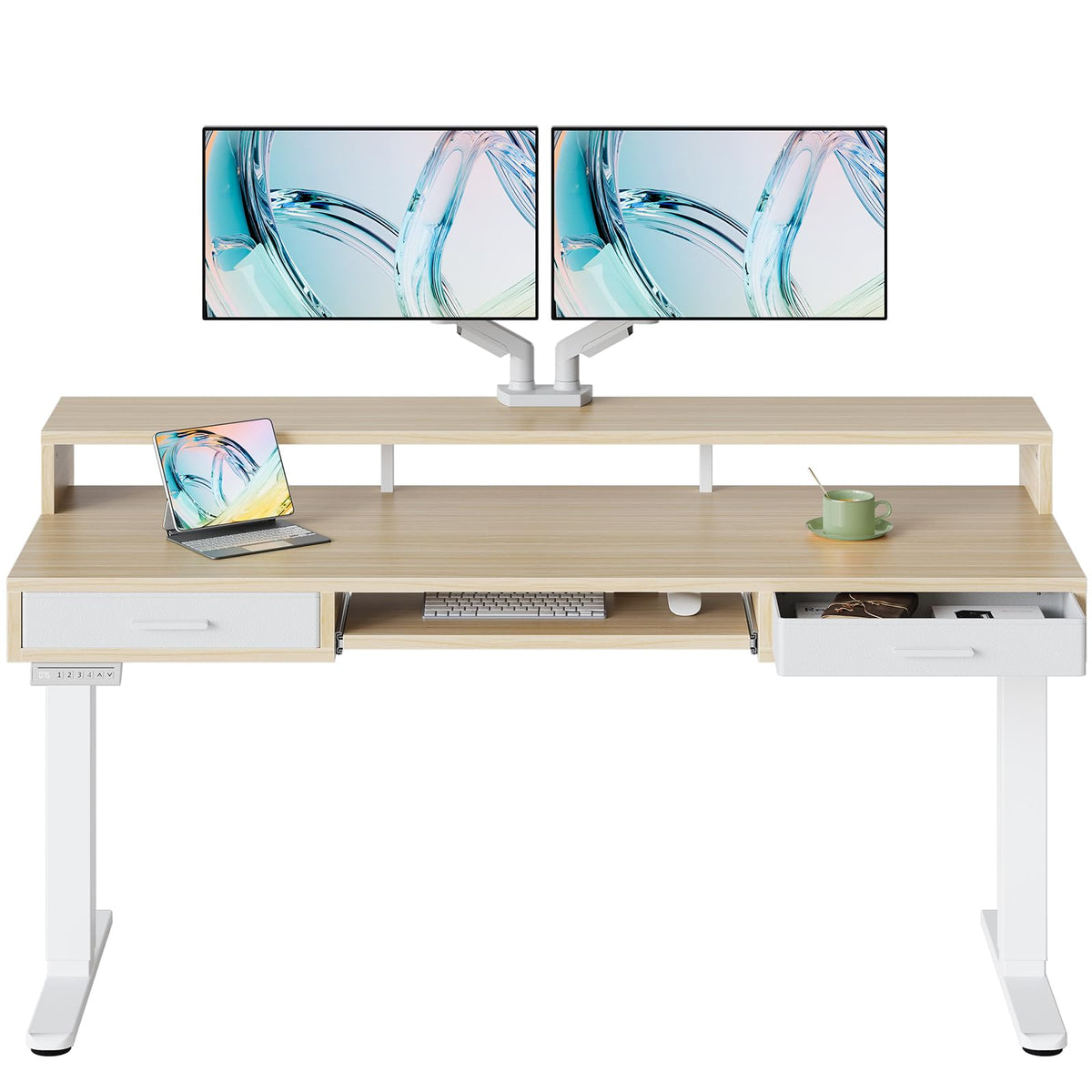 HUANUO 55″ x 26″ Electric Standing Desk with 2 Drawers &24.4″ Large Keyboard Tray, C-Clamp Mount Compatible, Adjustable Computer Desk for Office, Sit Stand Up Desk with 4 Height Presets, Light Walnut