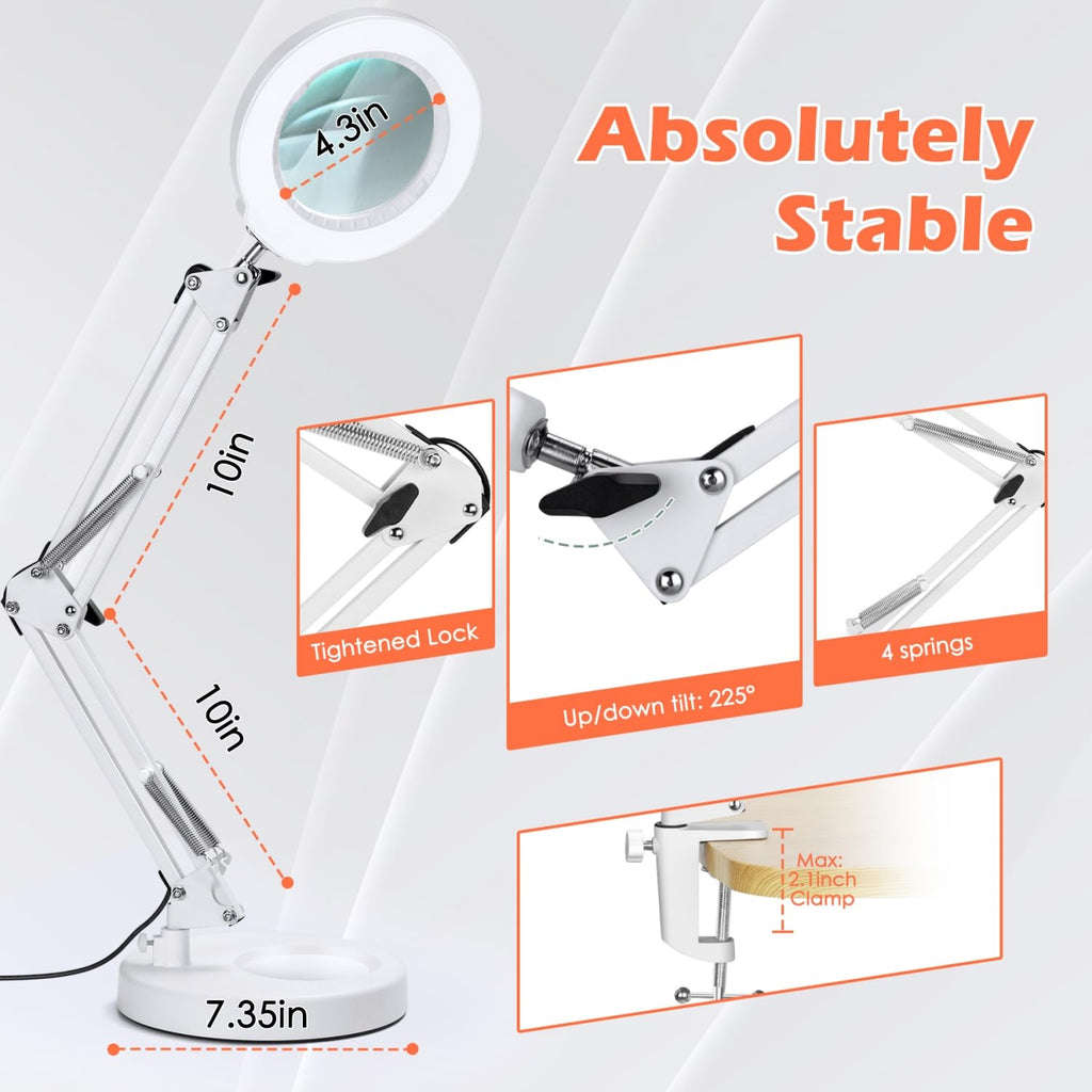 30X 12X Square Magnifying Glass with Light and Clamp, 36'' Ultra Long Lamp