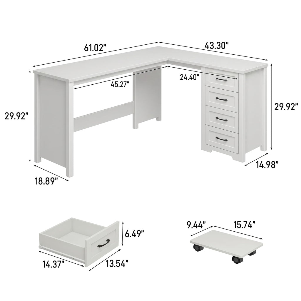 Vabches: 61" Farmhouse L-Shaped Student Study Desk with Drawers & Mobile CPU Mount