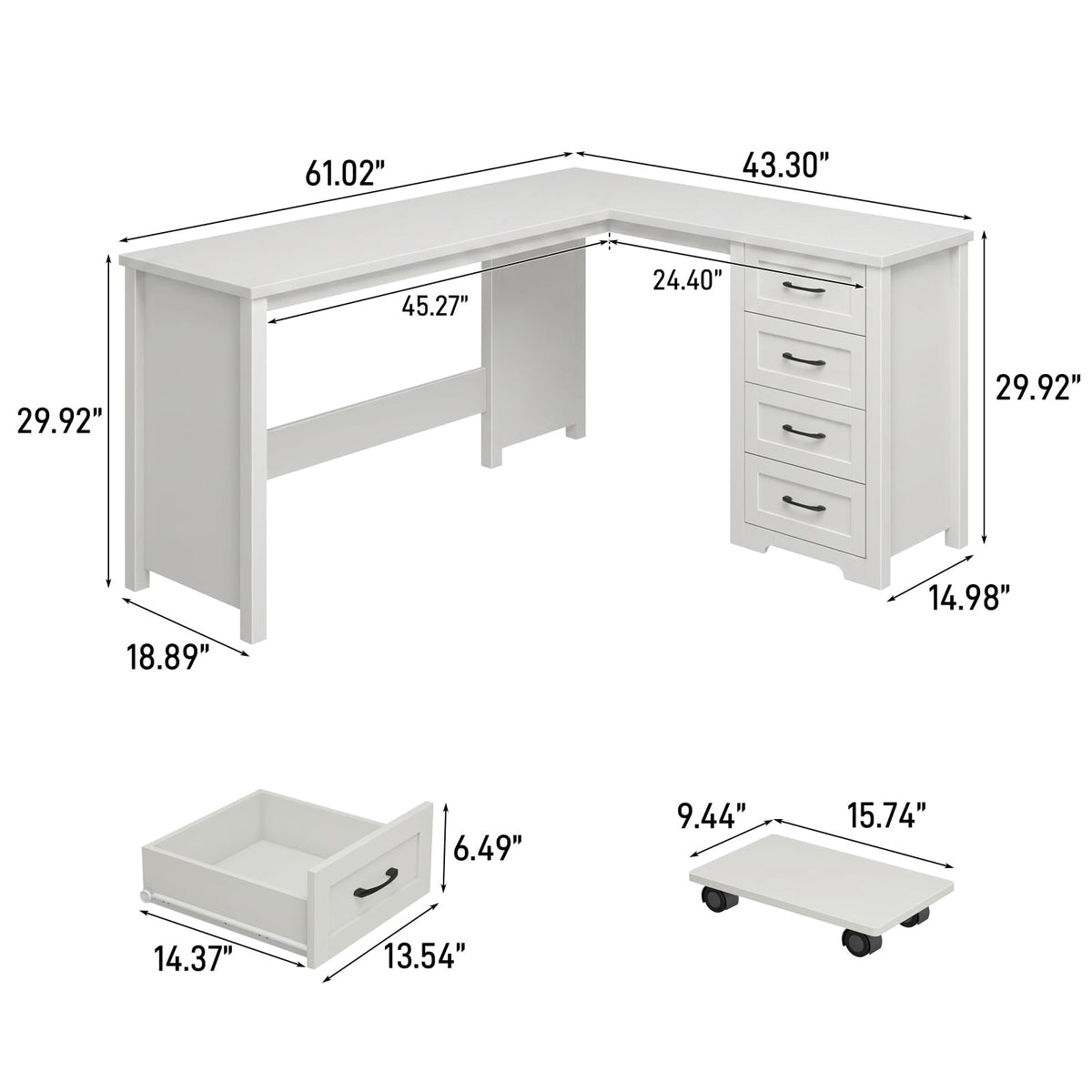 Vabches: 61" Farmhouse L-Shaped Student Study Desk with Drawers & Mobile CPU Mount