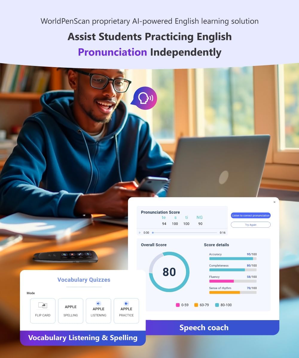 PenPower WorldPenScan Go - Translation Pen with Scanning, Reading, Audio Recording, Live Interpretation, and AI Reading Buddy for Kids