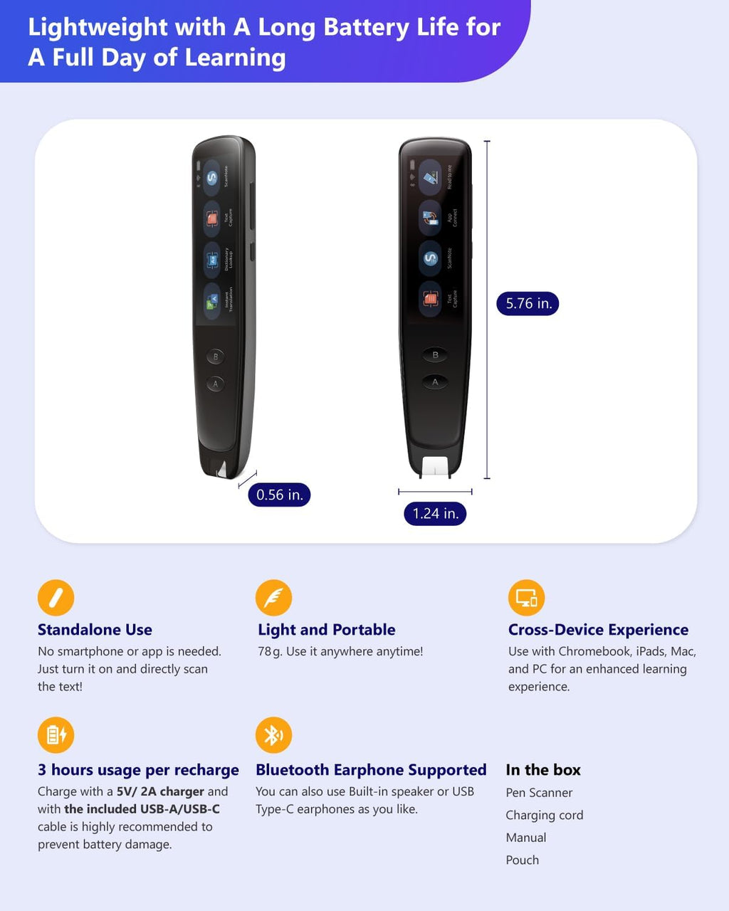 PenPower WorldPenScan Go - Translation Pen with Scanning, Reading, Audio Recording, Live Interpretation, and AI Reading Buddy for Kids