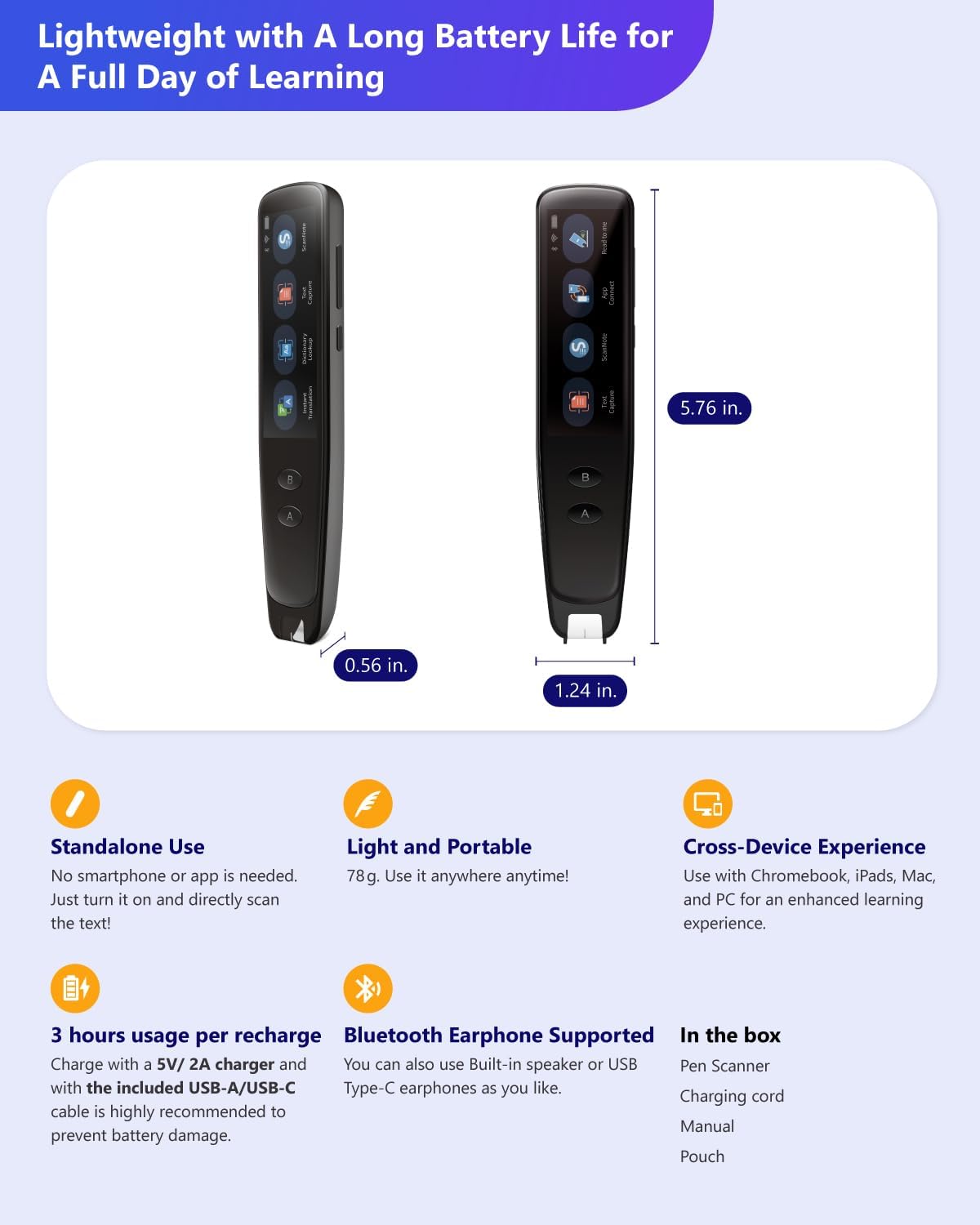 PenPower WorldPenScan Go - Translation Pen with Scanning, Reading, Audio Recording, Live Interpretation, and AI Reading Buddy for Kids