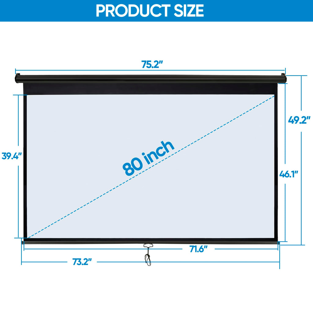 80 Inch Projection Screen, Outdoor Indoor 16:9 HD Foldable Manual Pull Down Projector Screen for Movie Home Backyard Theater Cinema Office Video Game, White