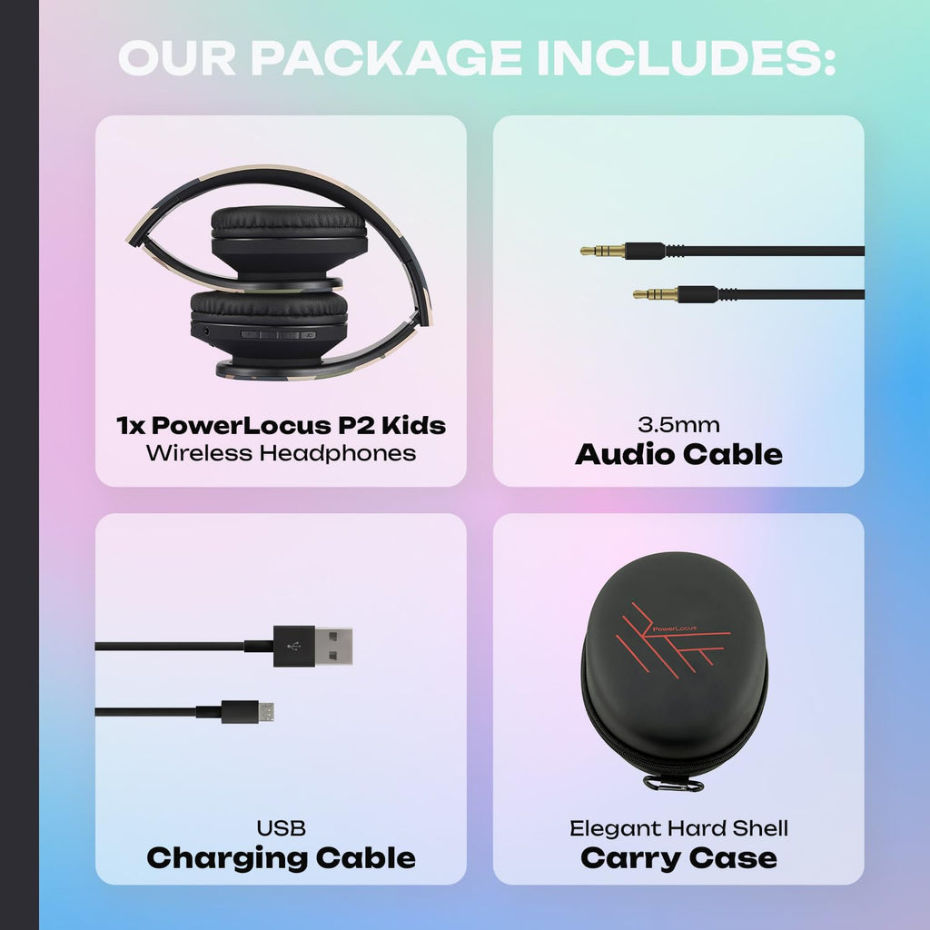 PowerLocus Kids Headphones Over-Ear, Bluetooth Wireless Headphones for Kids,with Microphone, Safe 85DB Volume Limited, Foldable with Carry Case, Audio Cable, Micro SD mode for Online Classes,PC,Phones