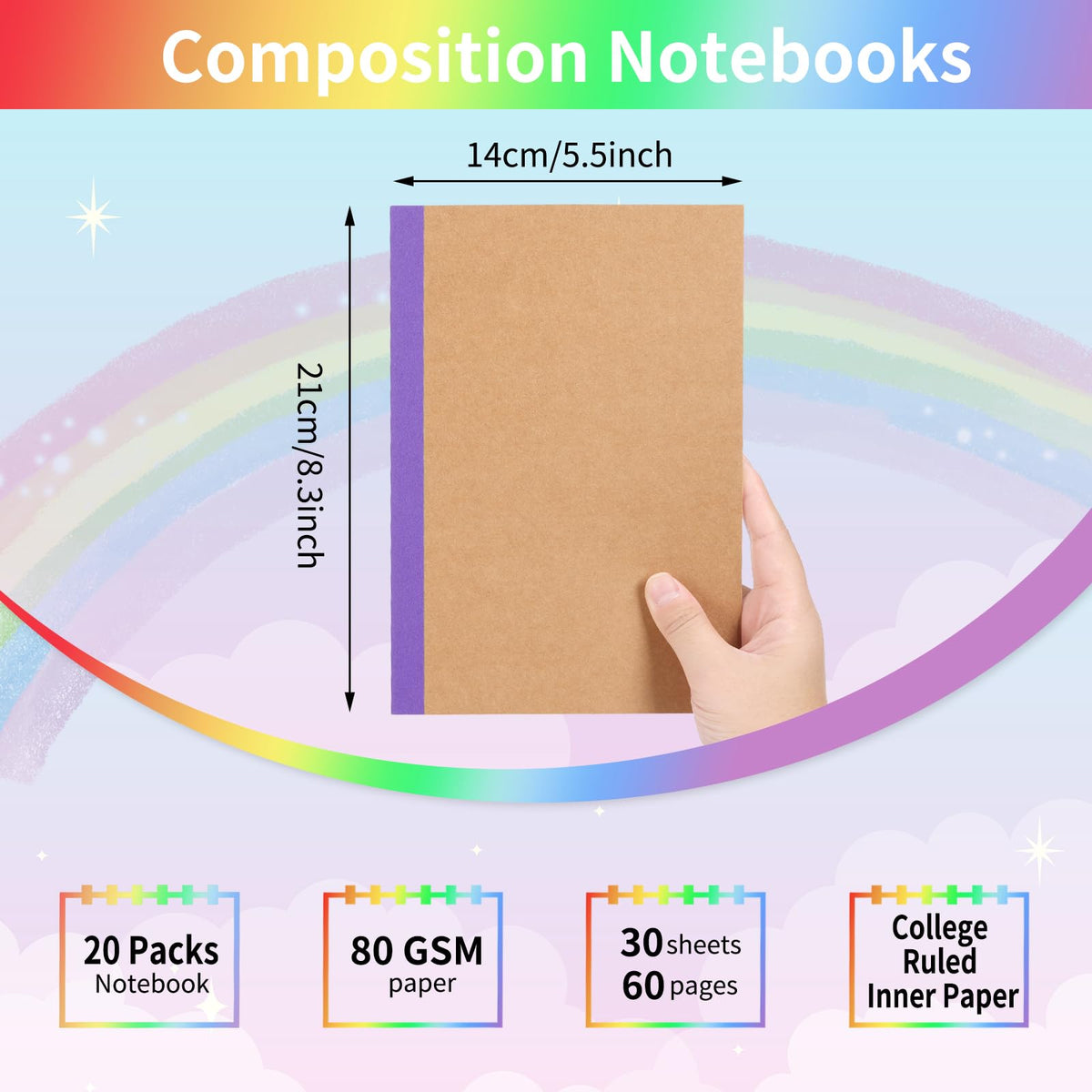 EOOUT 5 Pack A5 Composition Notebook, Kraft Lined Journal Bulk with Rainbow Spine, 5 Colors, 60 Pages for Women Girls Kids, School Office Supplies