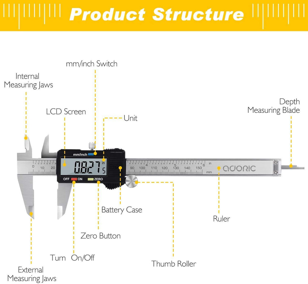 Digital Caliper, Adoric Calipers 0-6 Inch, Inch/mm Conversion, Large LCD