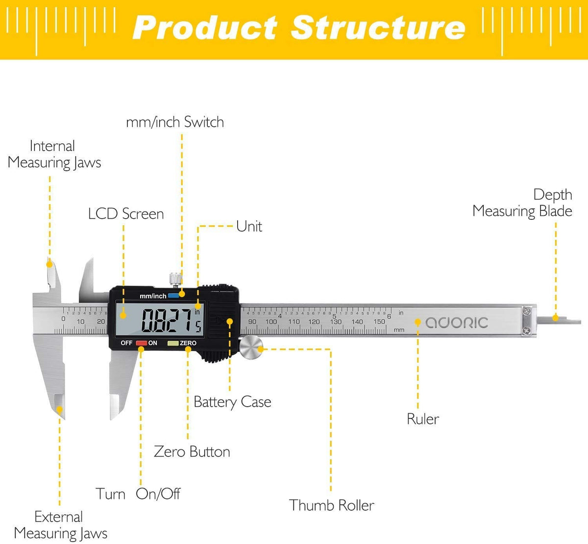 Digital Caliper, Adoric Calipers 0-6 Inch, Inch/mm Conversion, Large LCD