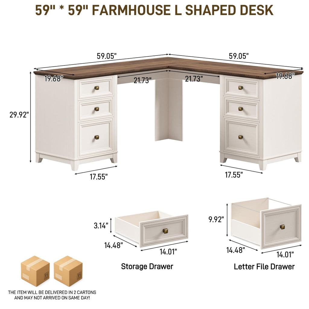 Vabches 51" Executive Desk Farmhouse Home Office Desk with Charging Station, LED Light, File Drawer, Storage Cabinet, Monitor Stand, Wood Computer Desk with Hutch for Work Study Writing (White)
