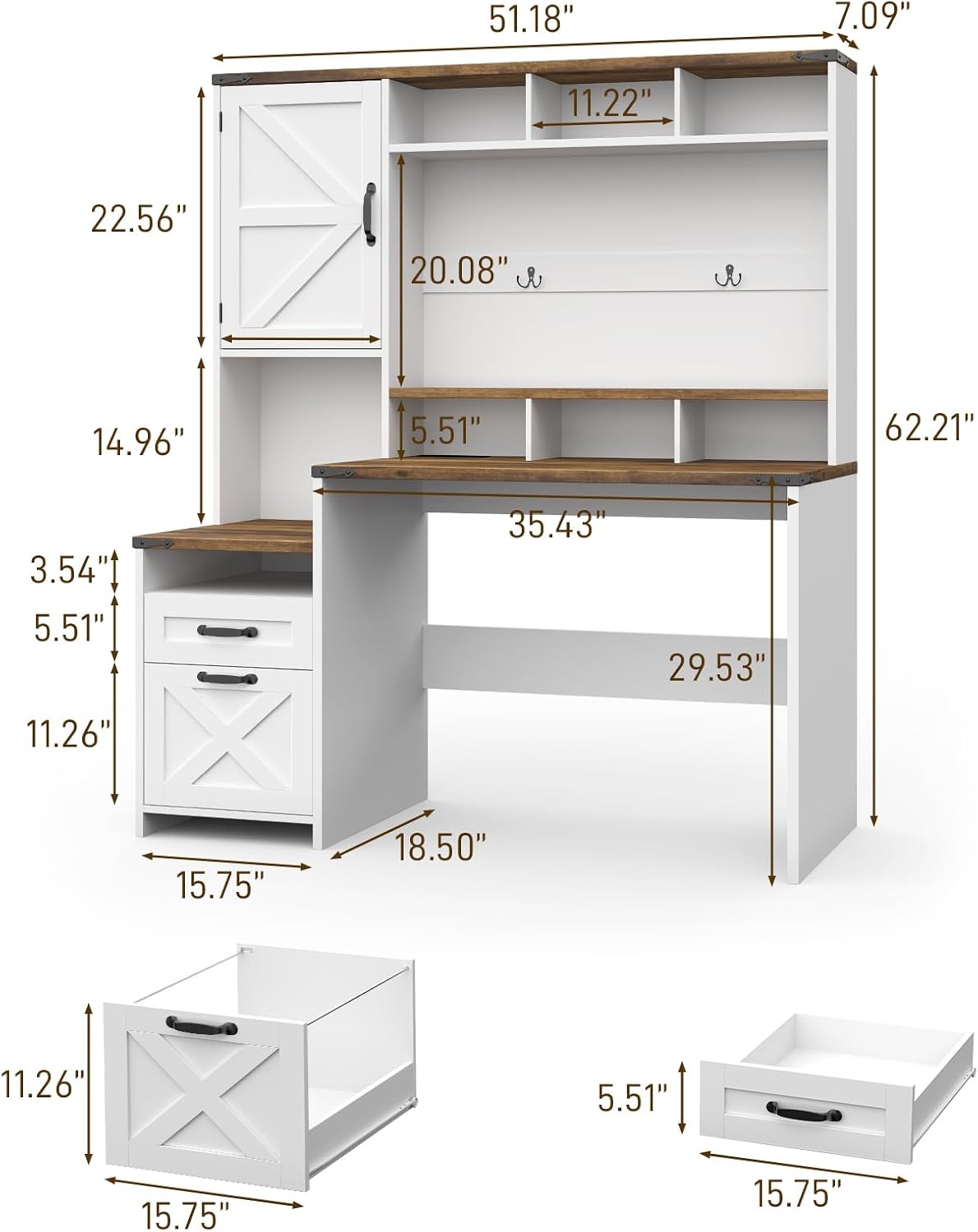 Vabches 51" Executive Desk Farmhouse Home Office Desk with Charging Station, LED Light, File Drawer, Storage Cabinet, Monitor Stand, Wood Computer Desk with Hutch for Work Study Writing (White)